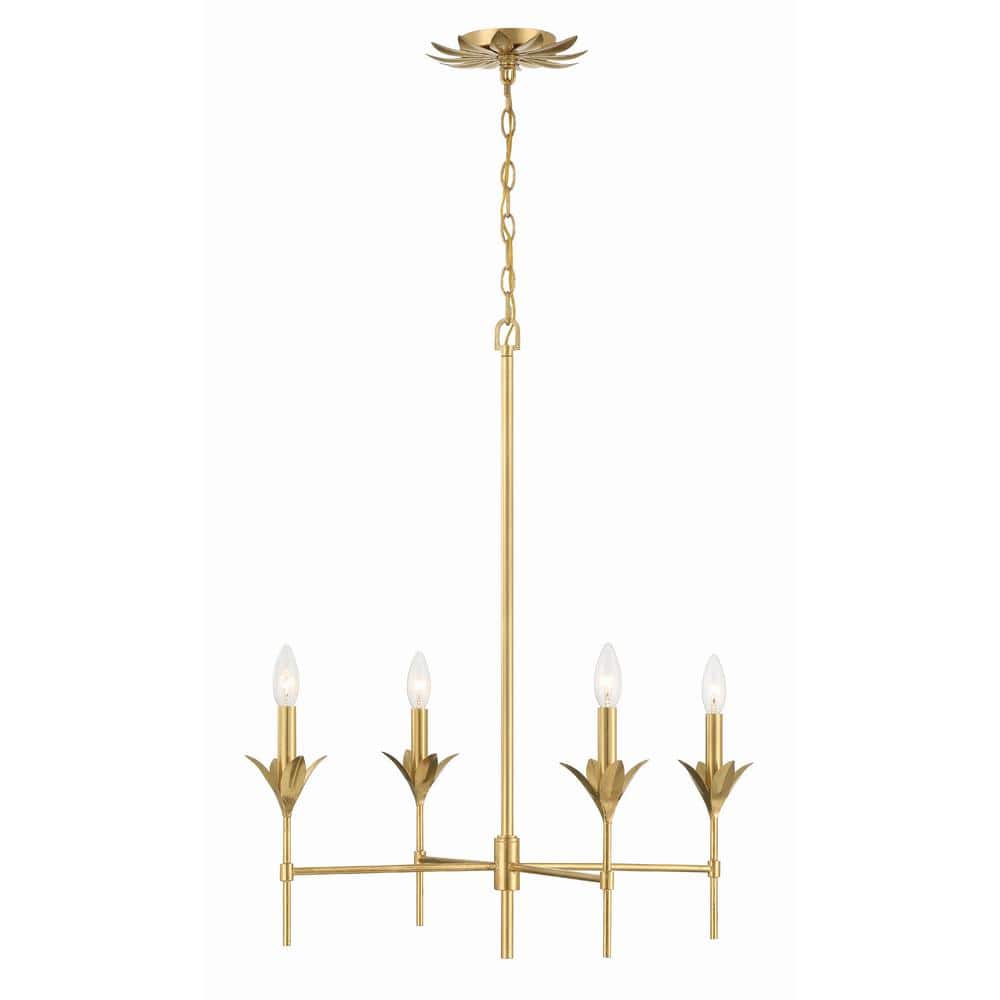 Antique Gold Crystal 4-Light Chandelier with White Silk Shades