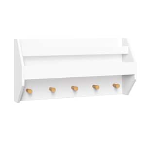 23.63 in. Wide White Catch-All Wall Shelf with Bookracks and Hooks