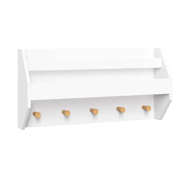 RiverRidge Kids Catch All Wall Shelf with Bookrack and Hooks White