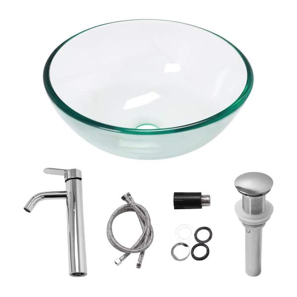 16-1/2 in. Clear Tempered Glass Round Bathroom Vessel Sink with Black Faucet and Pop-Up Drain