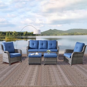 Carolina 5-Piece Gray Wicker Patio Outdoor Conversation Set with Blue Cushions