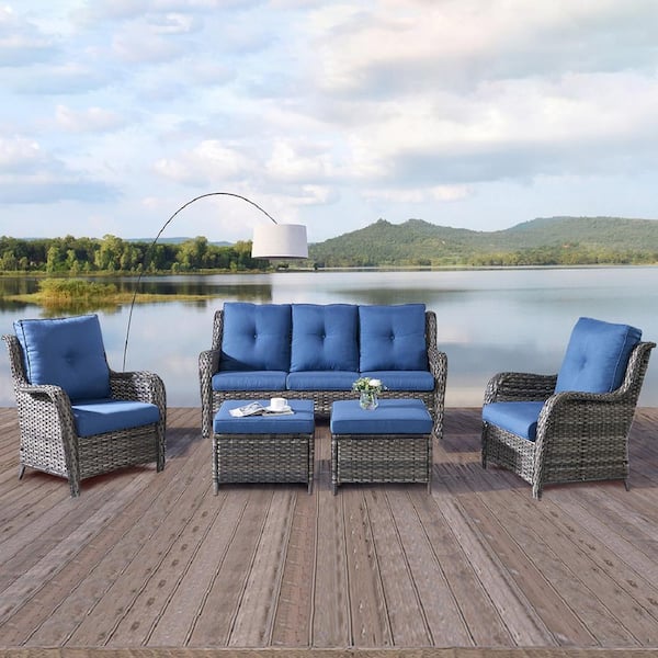Gymojoy Carolina 5-Piece Gray Wicker Patio Outdoor Conversation Set with Blue Cushions
