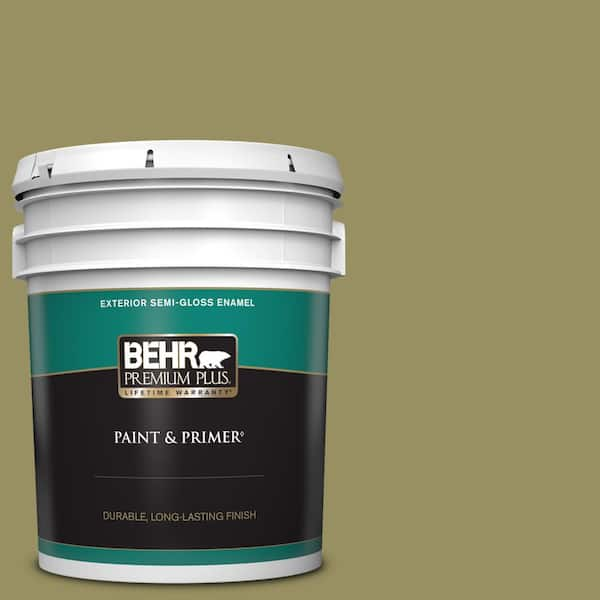 BEHR PREMIUM PLUS 5 gal. #390F-6 Tate Olive Semi-Gloss Enamel Exterior Paint & Primer