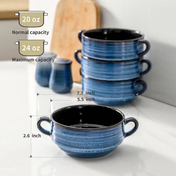 6-Piece Blue Ceramic Soup Bowls with Handles Microwave Dishwasher