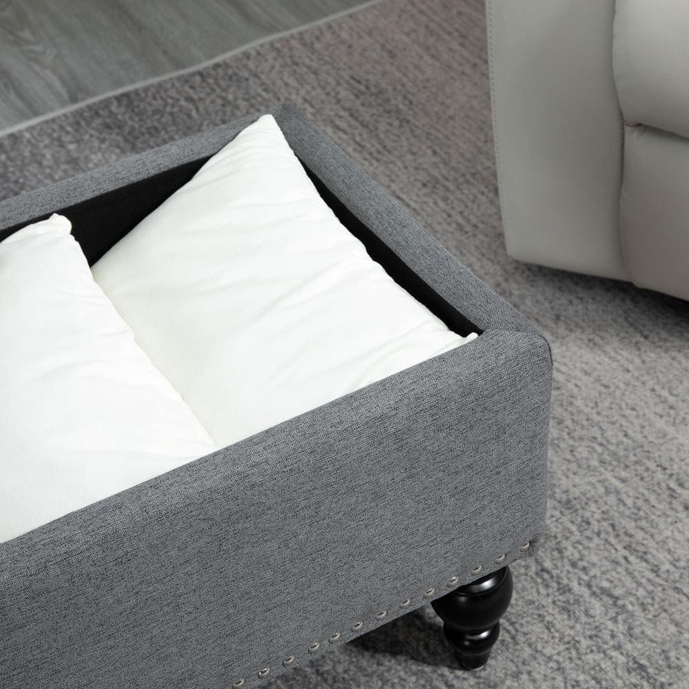 Elegant Gray 67cm Tufted Fabric Ottoman with Wood Legs and Storage
