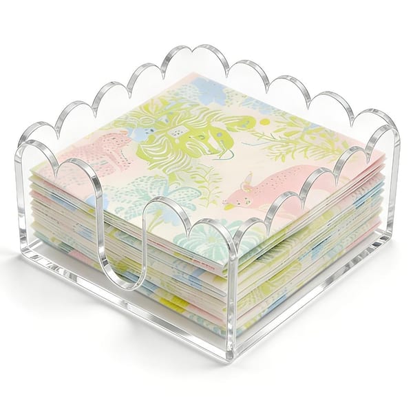 Clear Acrylic Scalloped Edge Napkin Holder 5.9 x 5.9 in Square Cocktail and Luncheon Napkin Dispenser