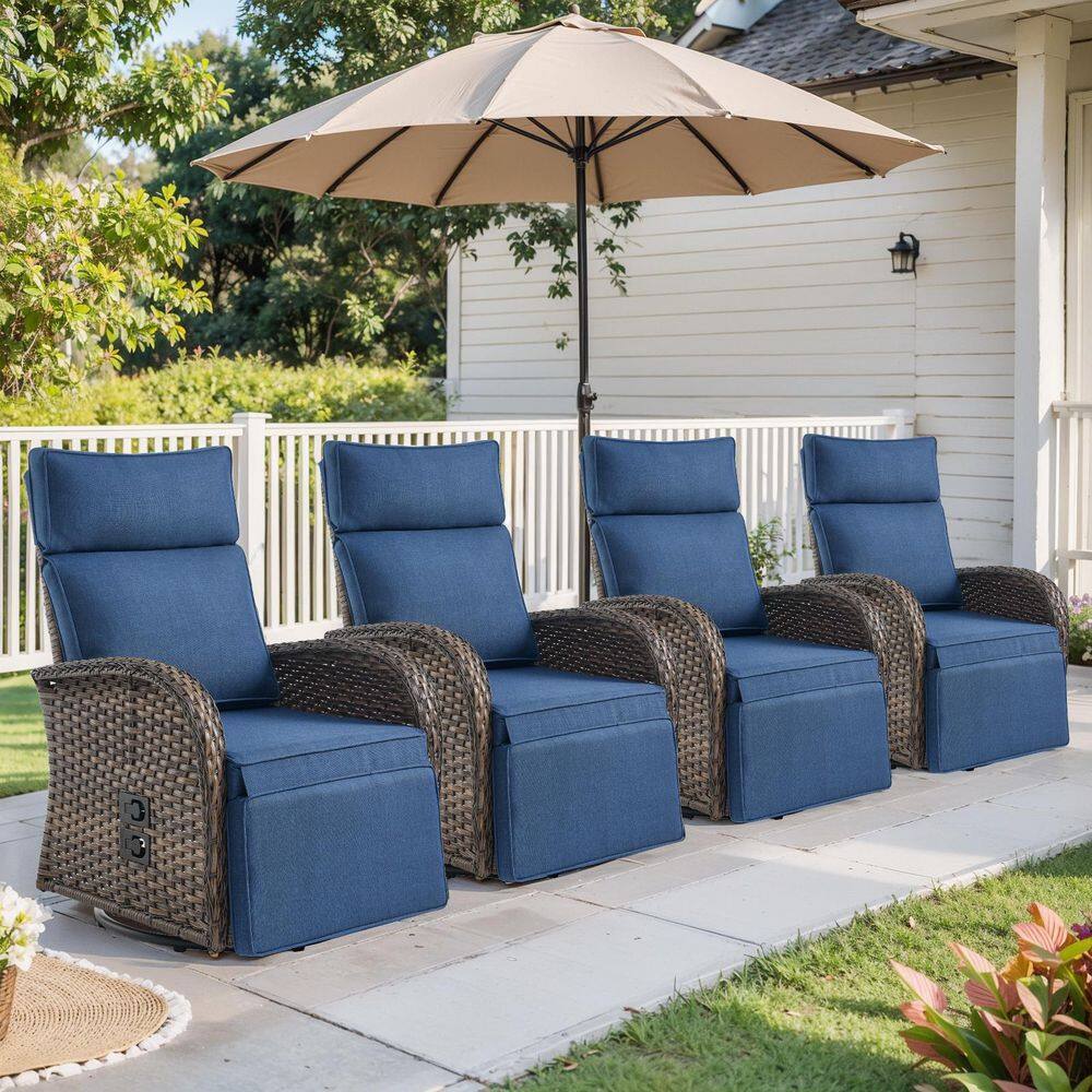 SleekArm Brown 4-Piece Wicker Outdoor Recliner with Olefin Blue Cushions and Flat Armrests Patio Swivel Chairs price history on PriceWatchPro