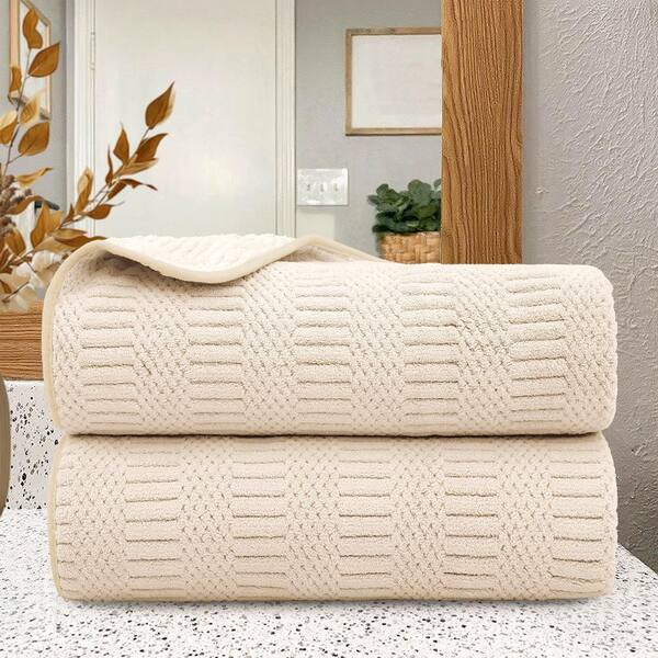 2 Pack Almond Microfiber Jacquard Velvet Bath Towels 30 in. x 60 in.