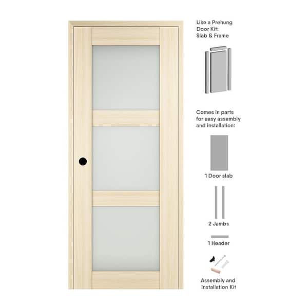 Belldinni Vona 18 in. x 80 in. Right-Hand 3-Lite Frosted Glass Loire Ash Composite Solid Core Wood Single Prehung Interior Door