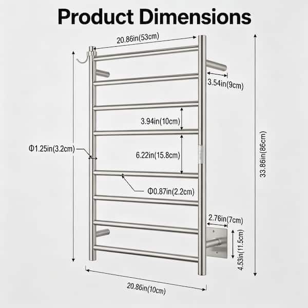 21 in. W x 34 in. H 8 Stainless Steel Wall-Mounted Towel Warmer with Plug-in and Hardwired Options, Brushed Nickel