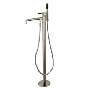 Modern Single-Handle Floor-Mount Roman Tub Faucet with Hand Shower in Brushed Nickel