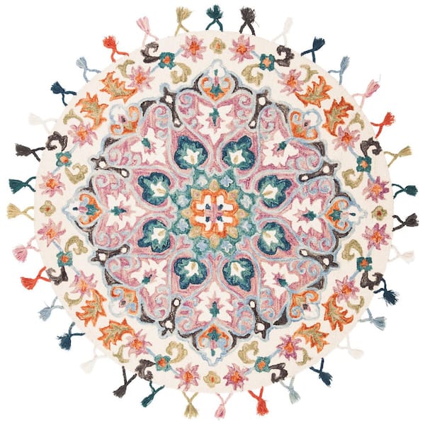 Novelty 4 ft. x 4 ft. Pink/Blue Paisley Round Area Rug
