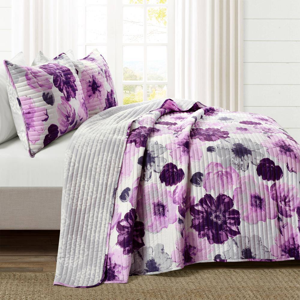 Full Gray and Purple Reversible Microfiber Floral Quilt Set