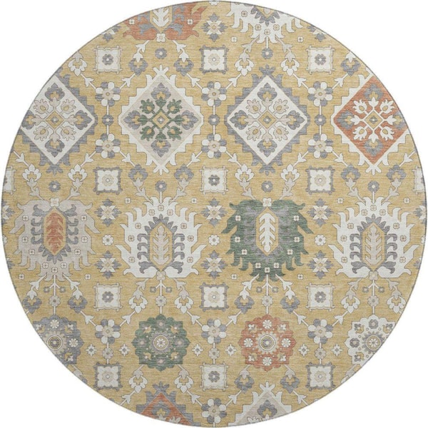 Mayfield Premium Machine Washable Abstract AMF2200 Gold 8 ft. x 8 ft. Round Rug
