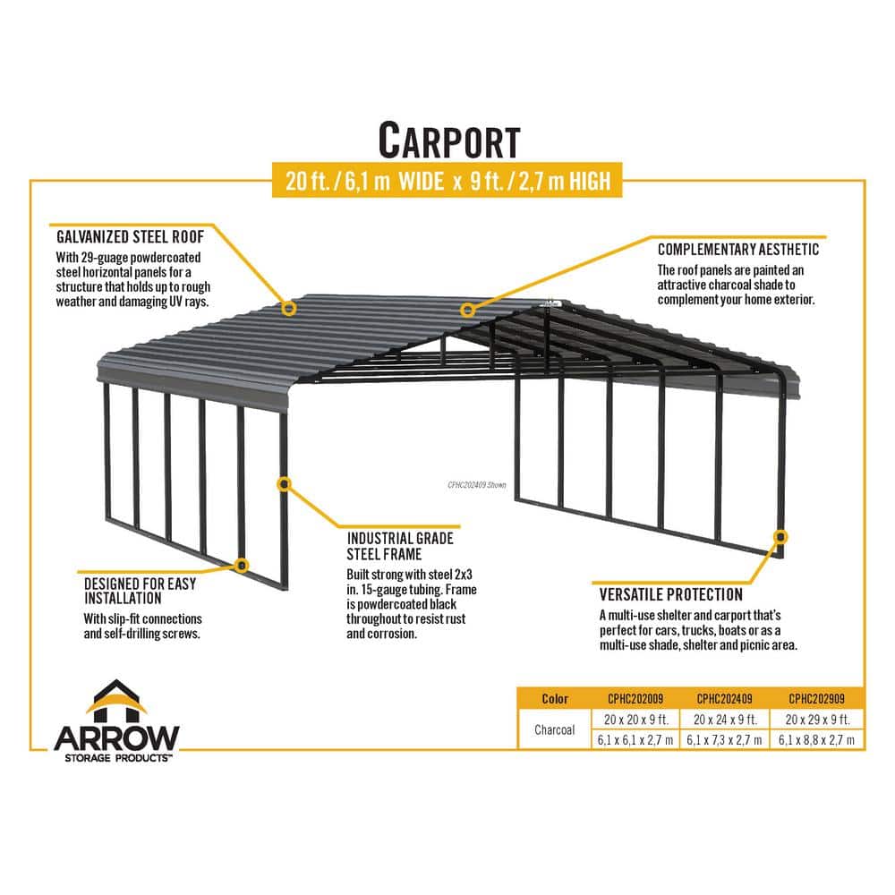 Charcoal Galvanized Steel 20' x 20' Carport Shelter Kit