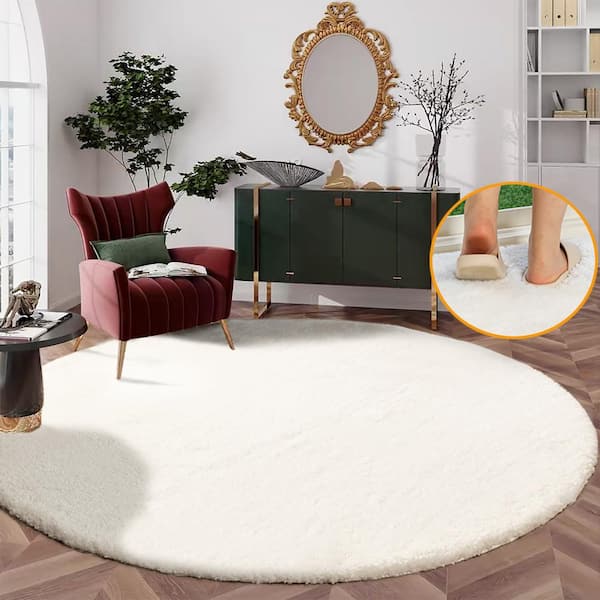 GHDG Solid Shag White 5 ft. Plush Soft Round Rug Area Rug