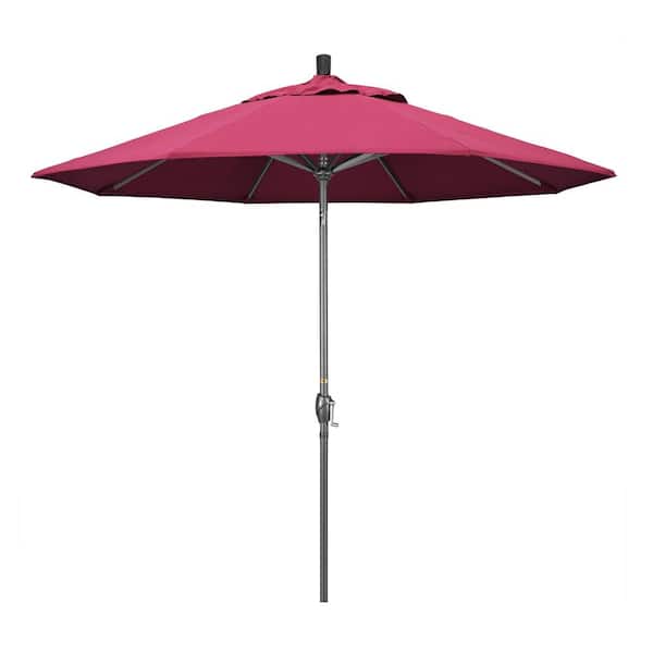 California Umbrella 9 ft. Hammertone Grey Aluminum Market Patio Umbrella with Push Button Tilt Crank Lift in Hot Pink Sunbrella