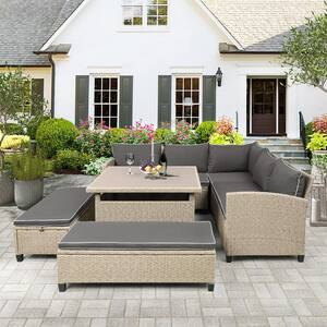 6-Piece Wicker Sectional Patio Conversation Set with Gray Cushions and Benches