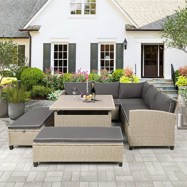 ANGELES HOME 6-Piece Wicker Sectional Patio Conversation Set with Gray Cushions and Benches