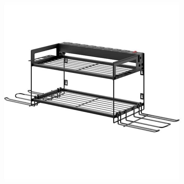 30.9 in. Black Metal Wall Rack with 8-Outlet Power Strip, Surge Protection, 4-Drill Holder, Shelves, Tool Organizer