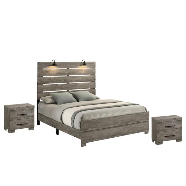 Best Quality Furniture Nico 3-Piece Antique Grey Color Wood Frame Queen Panel Bedroom Set With 2 Nightstands