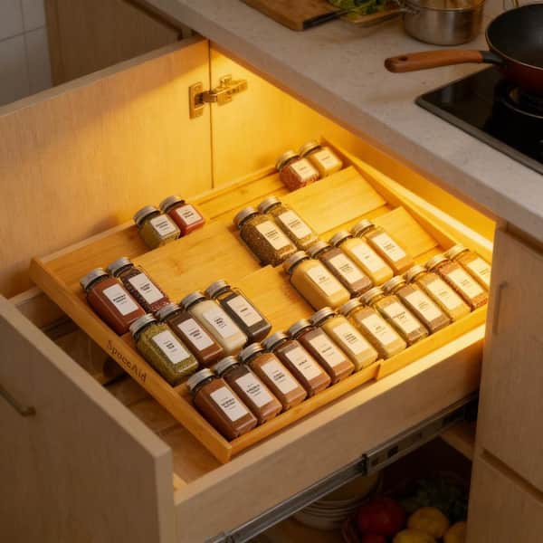 12 in. to 23 in. Expandable 4-Tier Bamboo Spices Rack Drawer Organizer for Cabinet, Kitchen Seasoning Storage, Natural