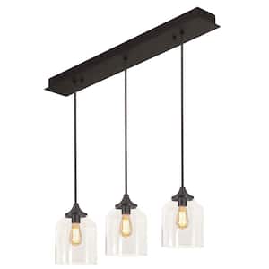 William 3-Light Black, Clear Shaded Pendant Light with Clear Glass Shade