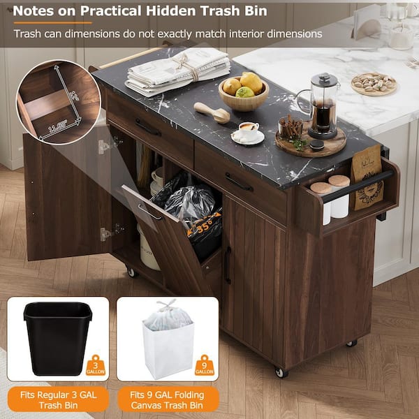 Nestfair Walnut Brown Wood 51 in. Kitchen Island with Trash Can
