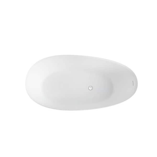 MYCASS 55 in. x 29.5 in. Soaking Freestanding Solid Surface Resin Stone Oval Bathtub with Center Drain in Matte White