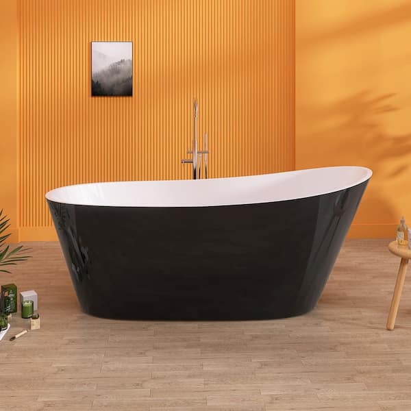 59 in. x 29.15 in. Freestanding Soaking Bathtub Double Slipper Acrylic Stand Alone Black Bathroom Tub with Side Drain