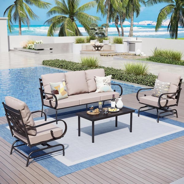 PHI VILLA Black Metal 5 Seat 4-Piece Steel Outdoor Patio Conversation Set with Beige Cushions, Table with Stripe-Shaped Top