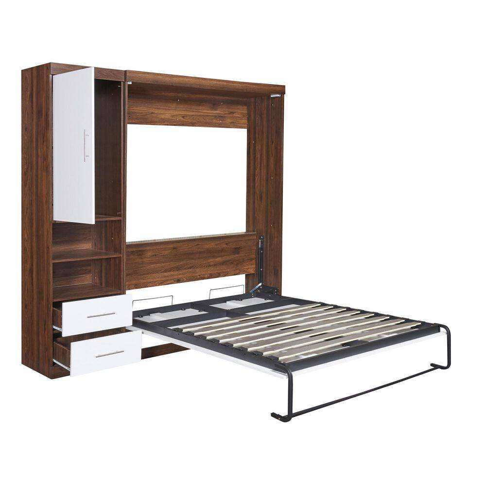 White and Brown Wood Frame Full Size Murphy Bed, Wall Bed with Cabinet - thumbnail 5