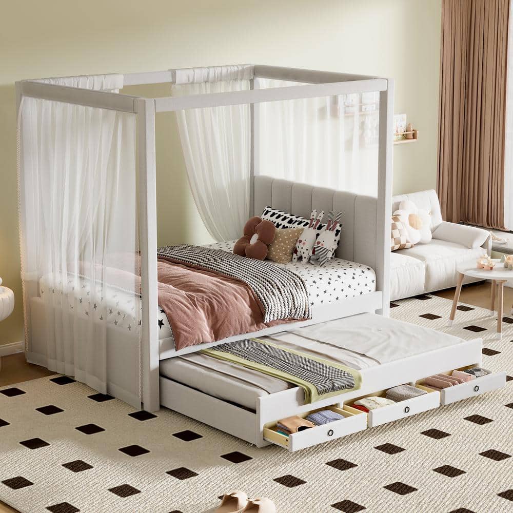 Harper Bright Designs Beige Wood Frame Twin Size Linen Upholstered Canopy Bed with Trundle and 3 Storage Drawers WMSL049AAA T The Home Depot