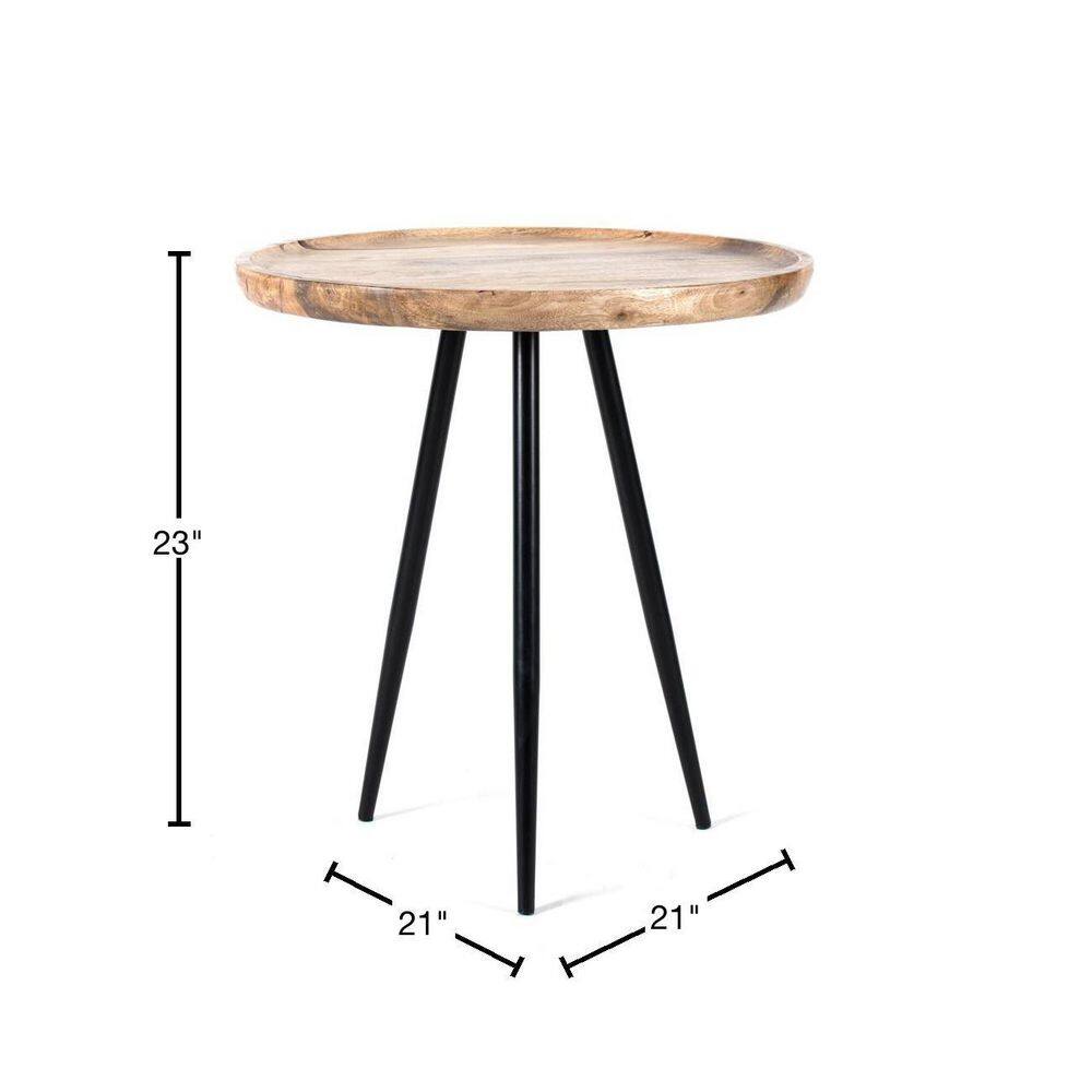 Small Round Black and Natural Wood Metal Side Table