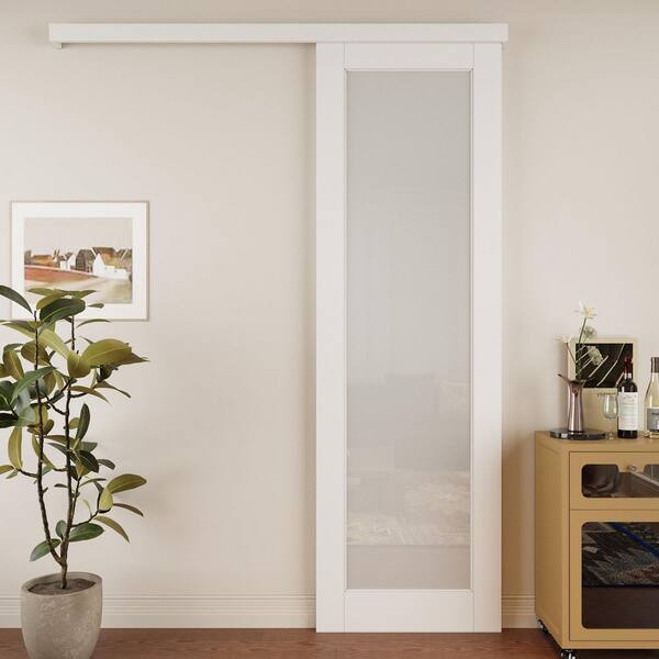 30 in. x 96 in. Hidden Track Style 1 Lite Frosted Glass White Primed MDF Sliding Barn Door with Hardware Kit