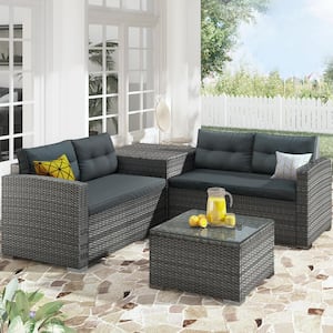 Gray Wicker Outdoor Patio Sectional with Dark Gray Cushions