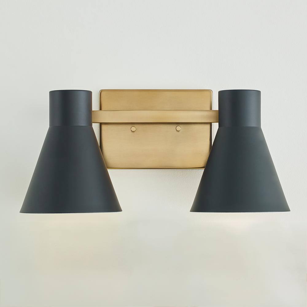 Towner Satin Brass 2-Light Vanity with Black Steel Shades