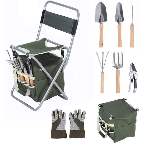 Cisvio 9-Piece Garden Tools Set Ergonomic Wooden Handle Sturdy Stool with Detachable Tool Kit Perfect for Garden