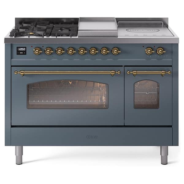 ILVE Nostalgie II 48 in. 5 Burner+Frenchtop+Griddle Freestanding Double Oven Dual Fuel Range in Blue Grey with Brass