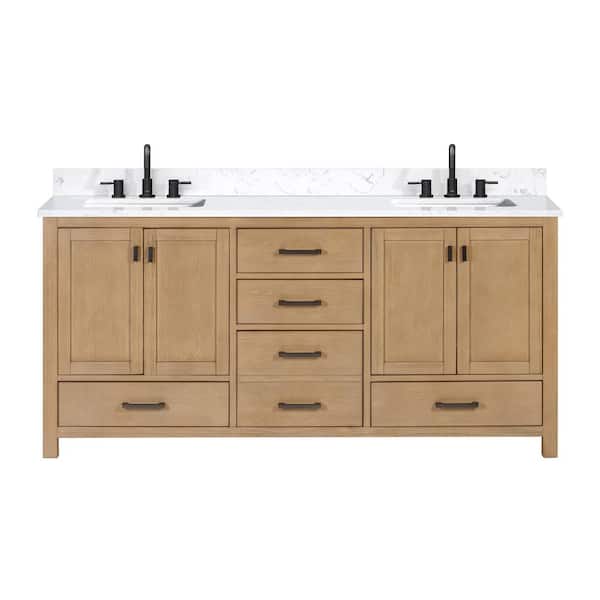 Modero 73 in. Double Sink Brushed Oak Bath Vanity with Cala White Engineered Stone Top