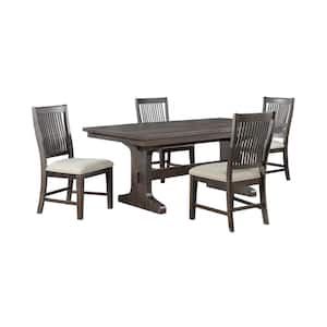 Ilya 5-Piece Rustic Brown Wood Top Double Pedestal Dining Table Set With 4 Beige Linen Fabric Chairs