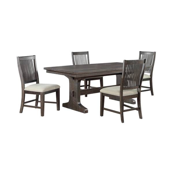 Best Quality Furniture Ilya 5-Piece Rustic Brown Wood Top Double Pedestal Dining Table Set With 4 Beige Linen Fabric Chairs