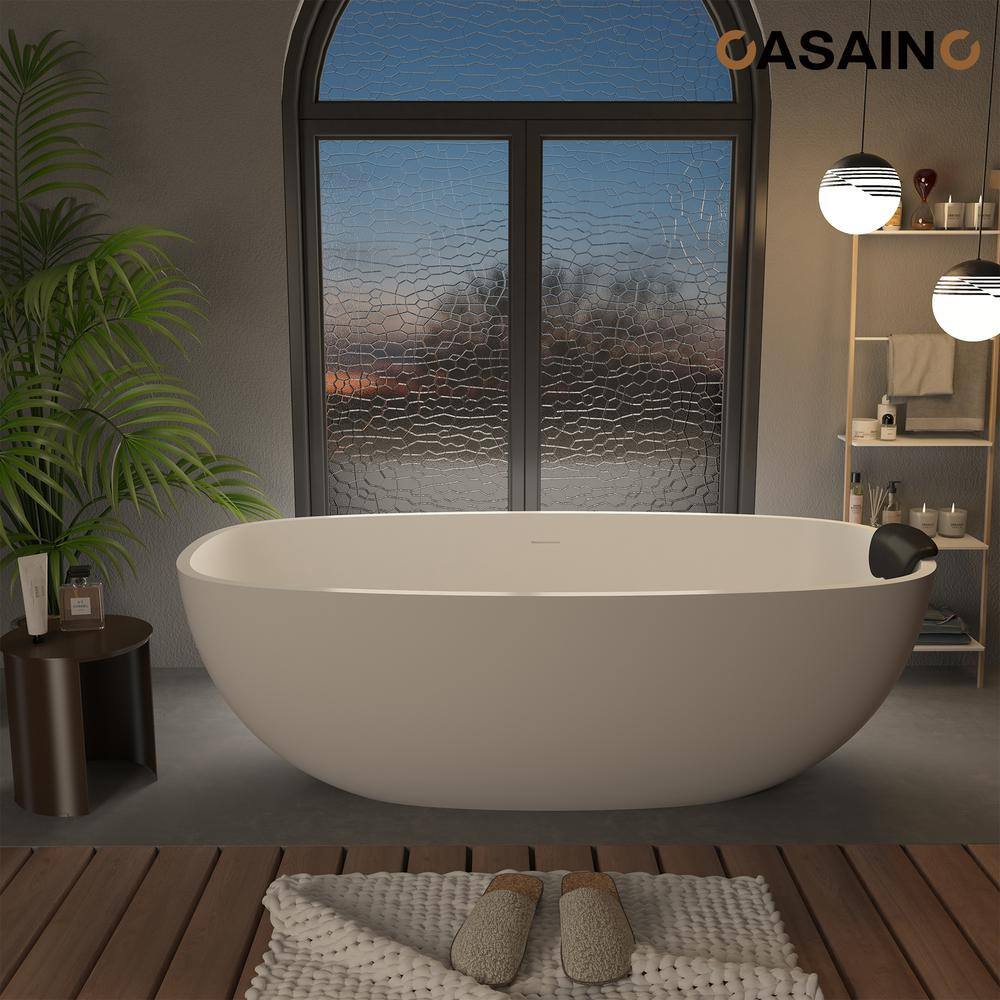 71'' Matte White Freestanding Soaking Tub with Black Pillow