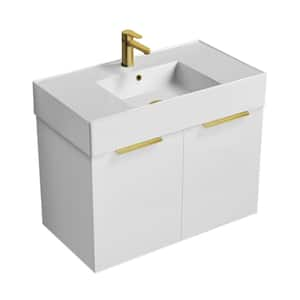 Derin 31.9 in. W x 17.3 in. D x 25.2 in. H Modern Bathroom Vanity in Glossy White With White Ceramic Top