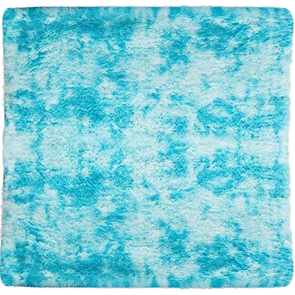 Latepis Plush Shag Light Blue 4 ft. x 4 ft. Solid Polyester Square Area Rug