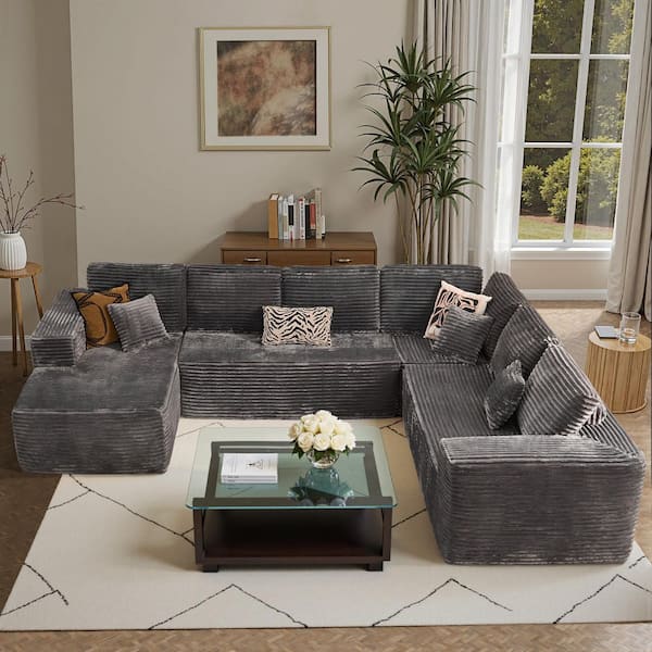 VJ 135 in. Wide Arm 4-Piece Modern Plush Corduroy U-Shape Modular Sectional Sofa in Gray with Left Chaise