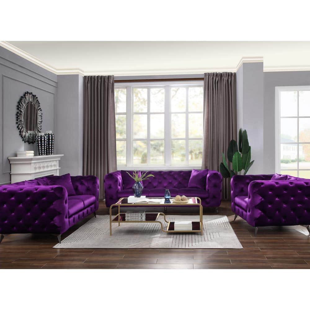 Elegant Chic Purple Velvet Tufted Sofa with Round Arms and Chrome Legs