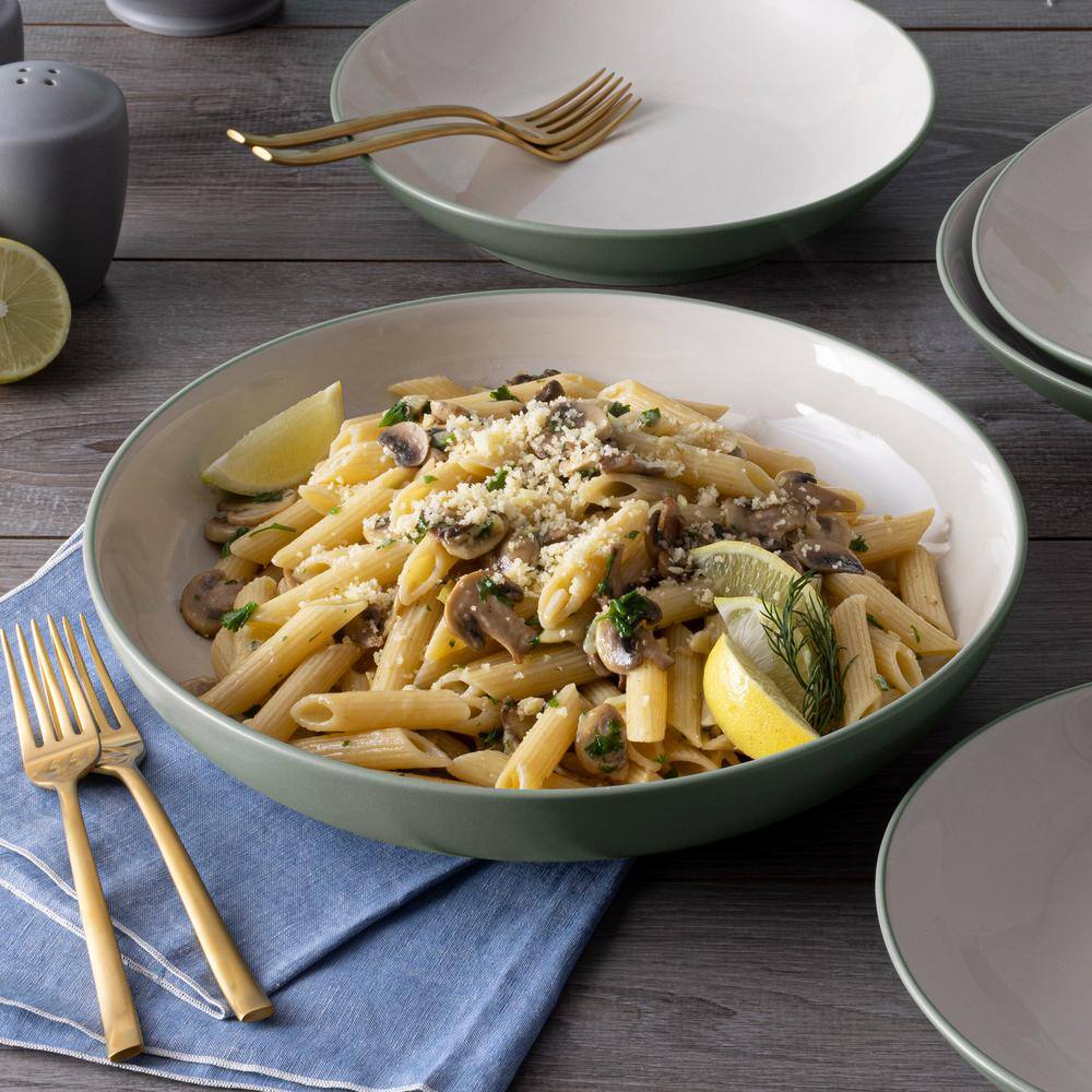 Green Matte Ceramic 12" Pasta Serving Bowl with Glossy Interior