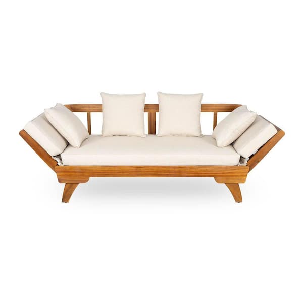 Teak 3 Seat Outdoor Day Bed with 4 Back Pillows, Beige Removable Cushion