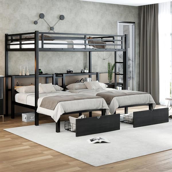 Black Metal Full XL over Twin & Twin Bunk Bed with Drawers,shelving & USB